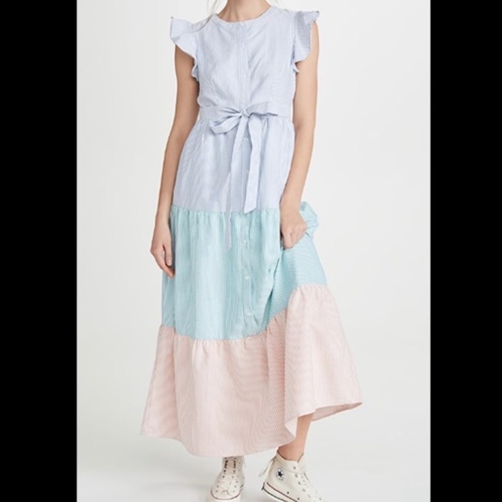 English Factory Color Block Dress with Tie💙💚🧡